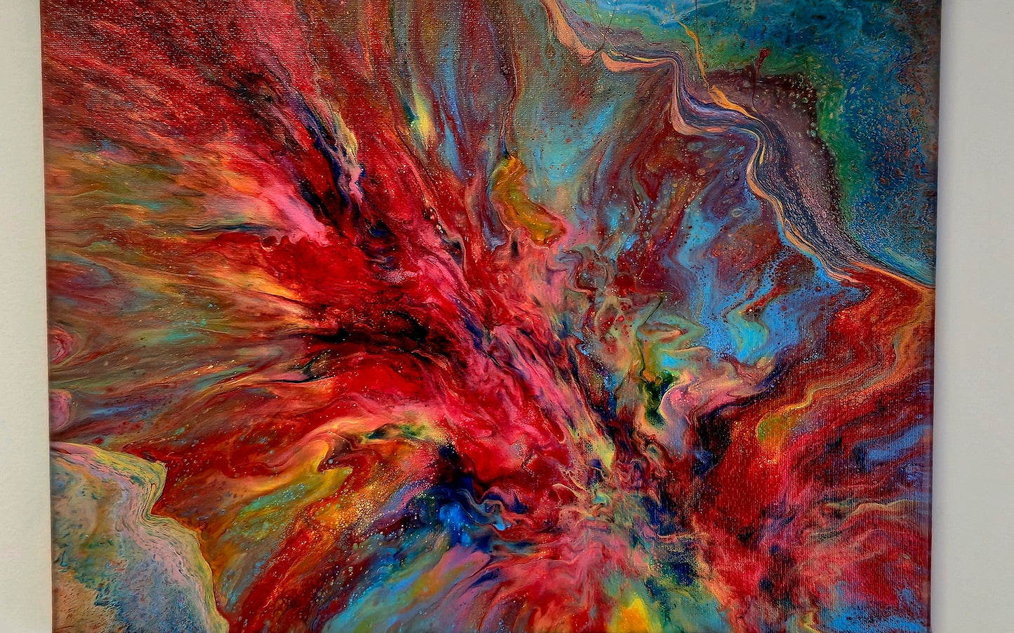 Obraz abstrakcyjny 30x40cm - Pouring Art Czerwień Błękit Żółć