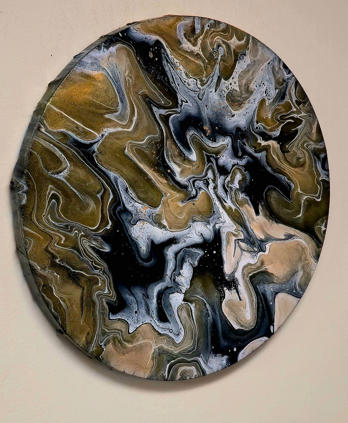 Okrągły obraz 30cm - Złoto Czerń i Biel Pouring Art