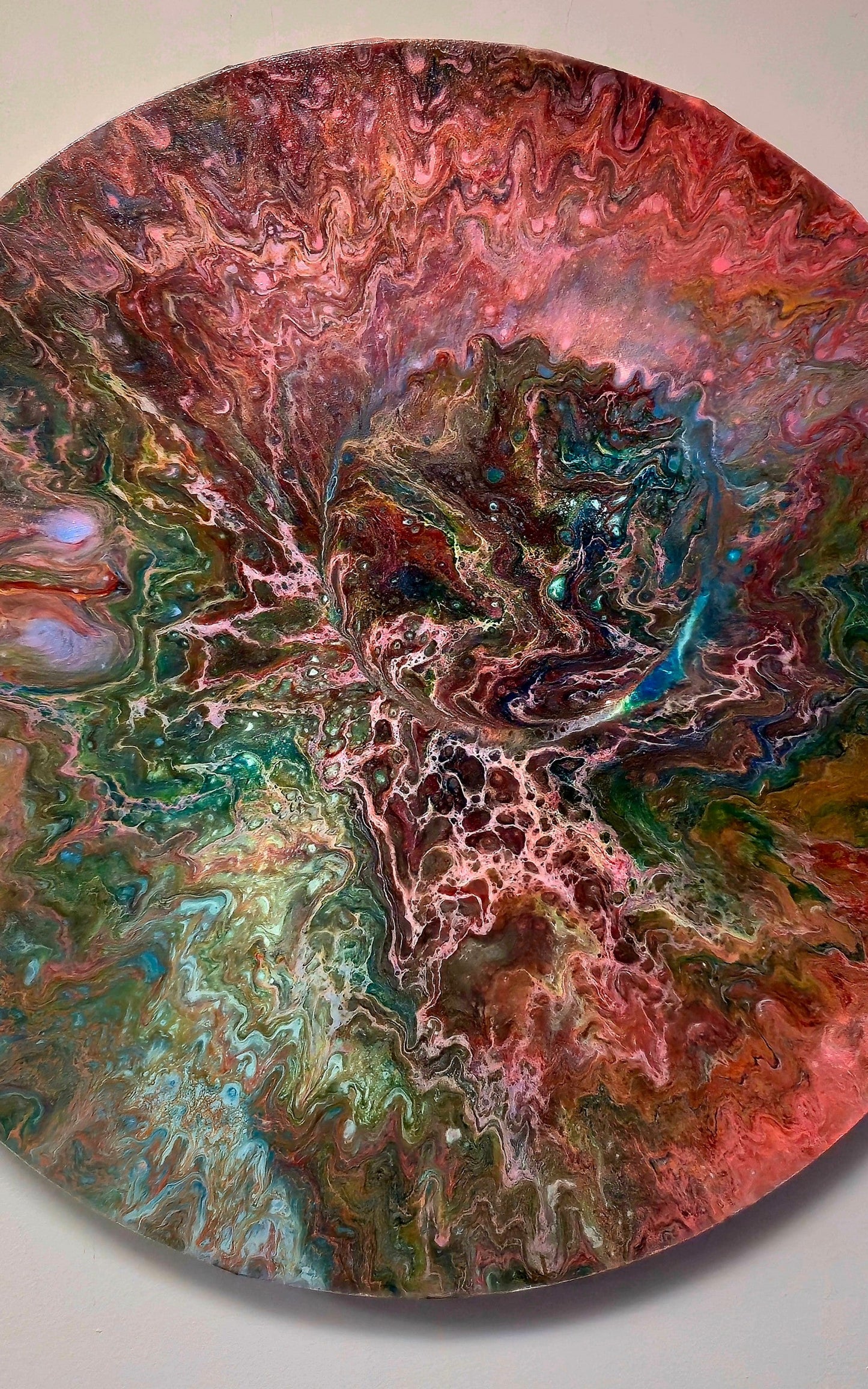 Okrągły obraz 50cm - Czerwień Zieleń Błękit Pouring Art