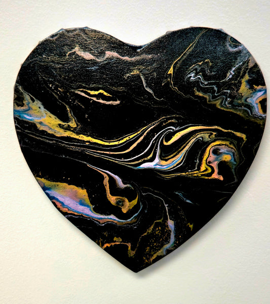 Złote Serce Nocy – Obraz Abstrakcyjny Pouring Art w Kształcie Serca (30 cm)
