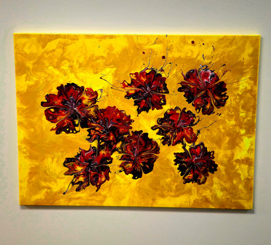 Płomienne Kwiaty – Obraz Abstrakcyjny Pouring Art 55x75 cm