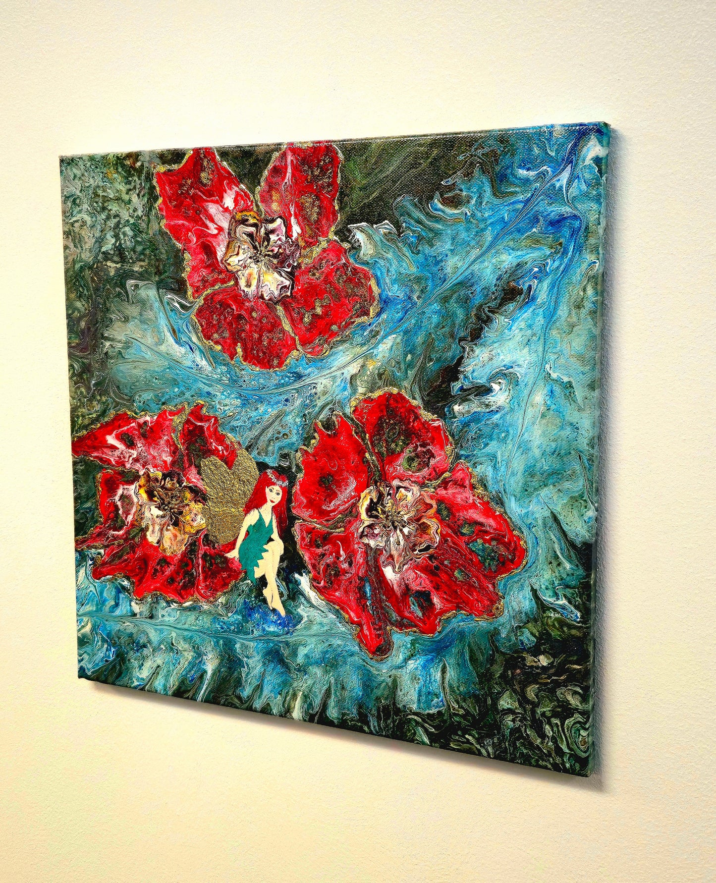 Wróżka Kwiatów – Obraz Abstrakcyjny Pouring Art 40x40 cm