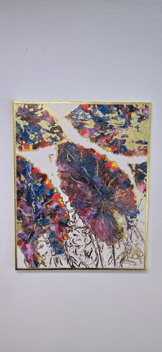 Alokazja w Blasku Złota – Obraz Abstrakcyjny Mixed Media 40x50 cm