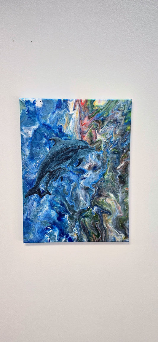 Dolphin Family - Mixed Media Pouring Art 30x40 cm