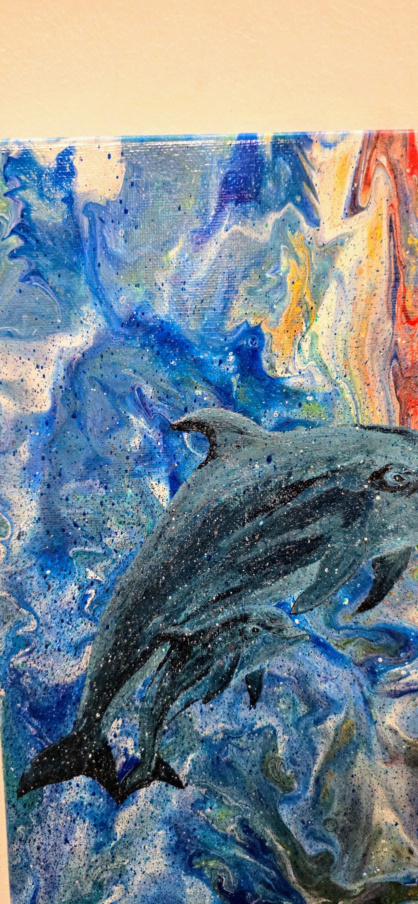 Dolphin Family - Mixed Media Pouring Art 30x40 cm