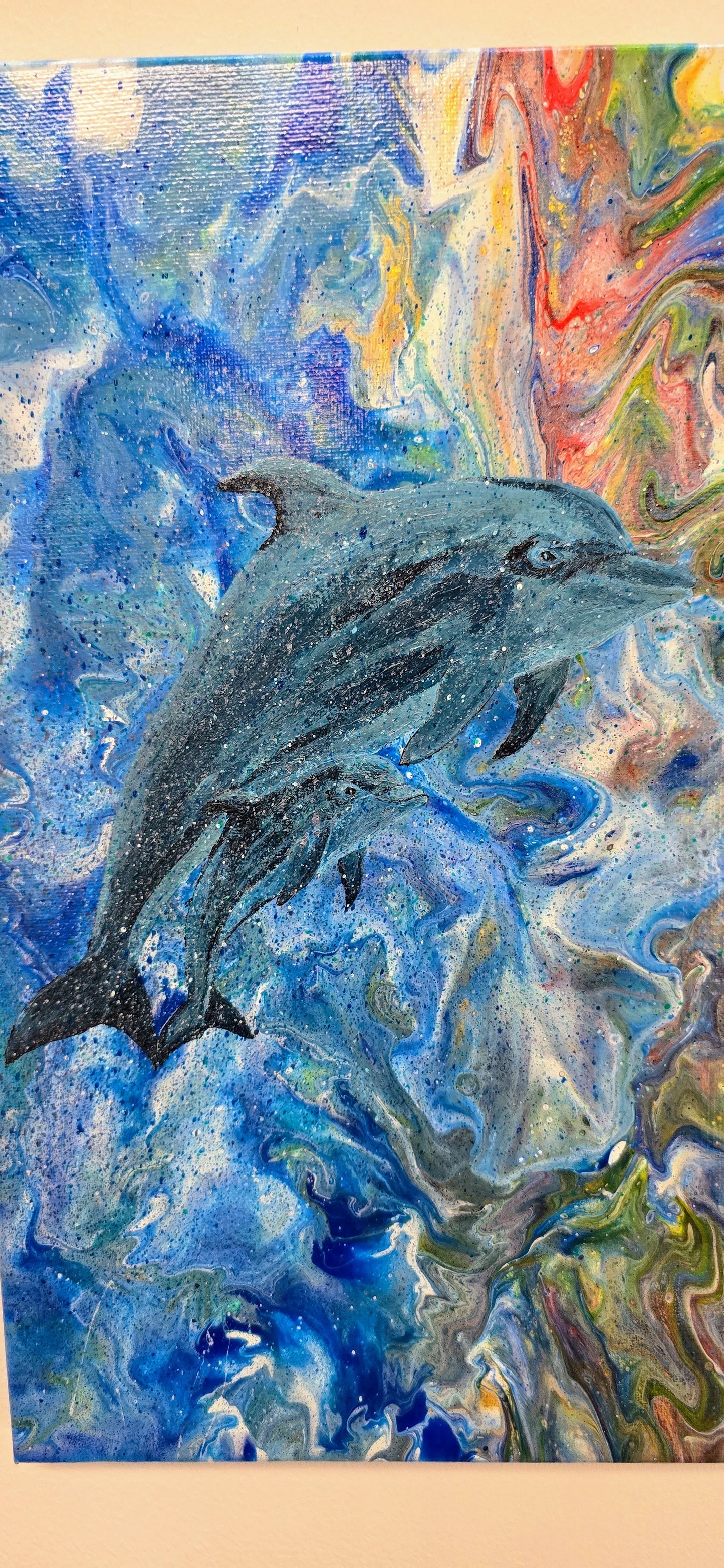 Dolphin Family - Mixed Media Pouring Art 30x40 cm