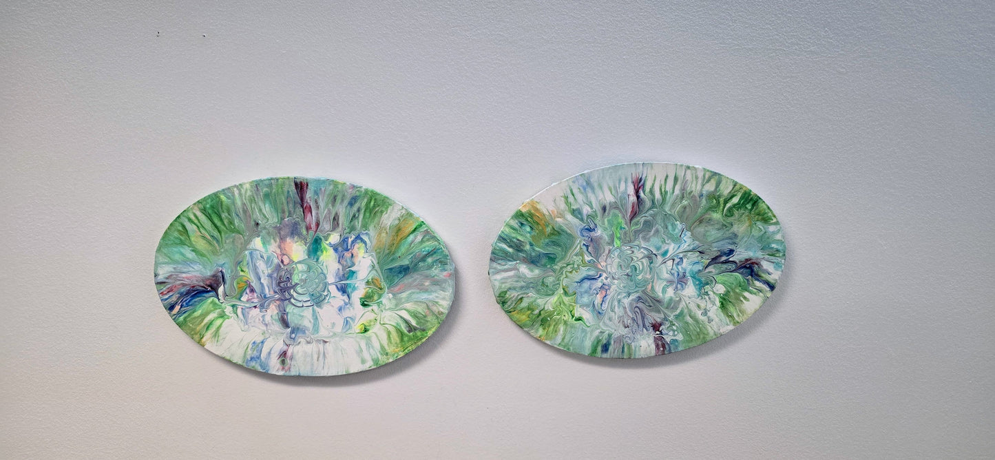 Spring Duo - Set of 2 Oval Pouring Art Paintings 20x30 cm