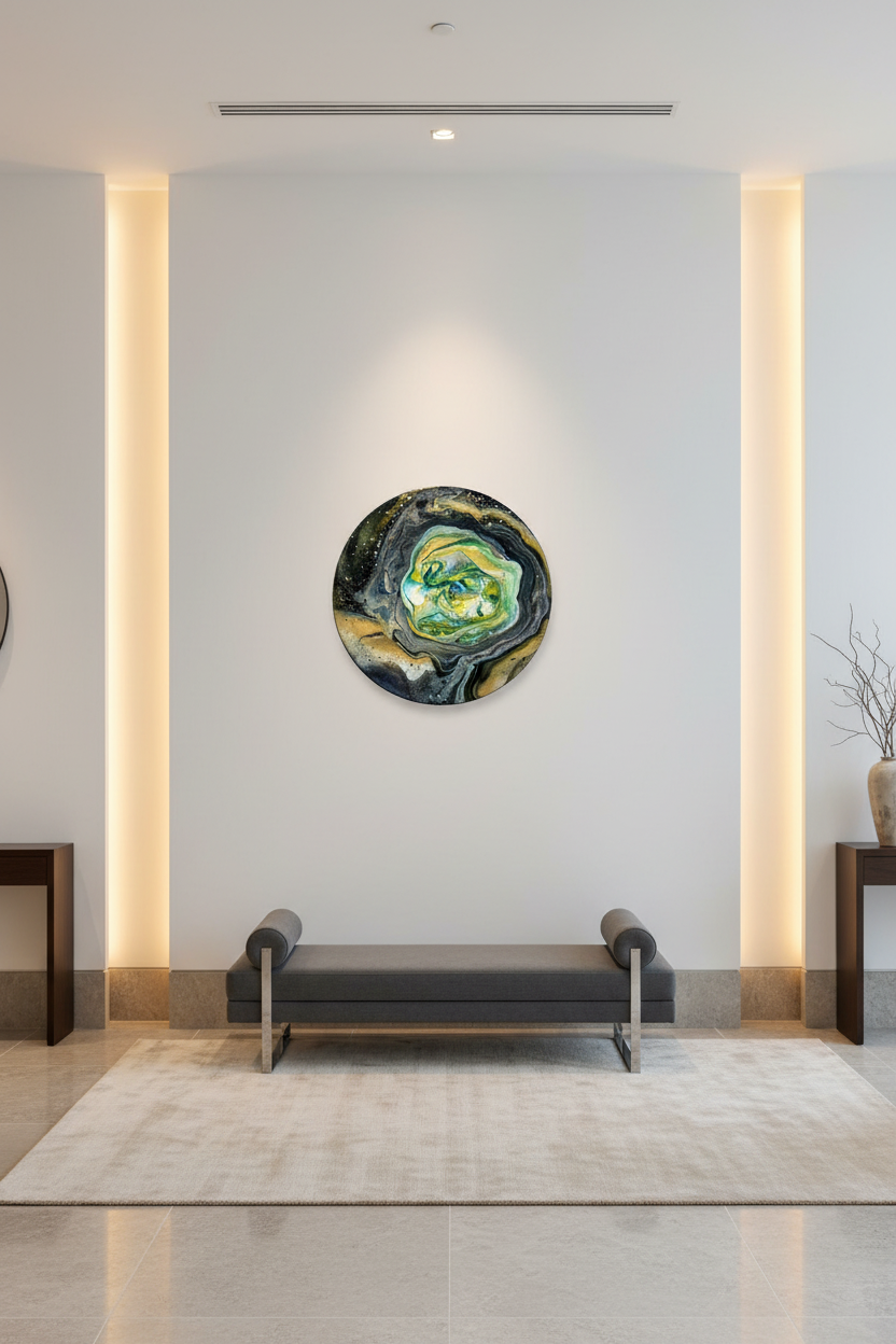 Oko Gazowego Giganta – Okrągły Obraz Abstrakcyjny Pouring Art 50 cm