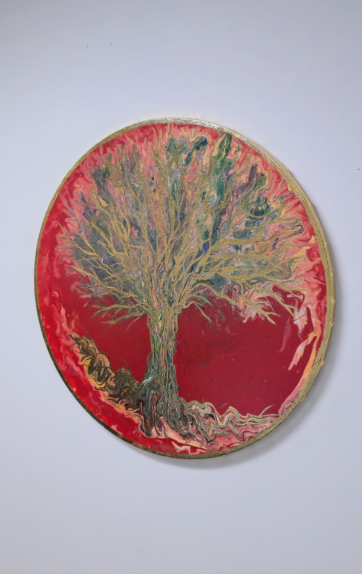 Drzewo Ognia i Złota – Owalny Obraz Mixed Media 50 cm