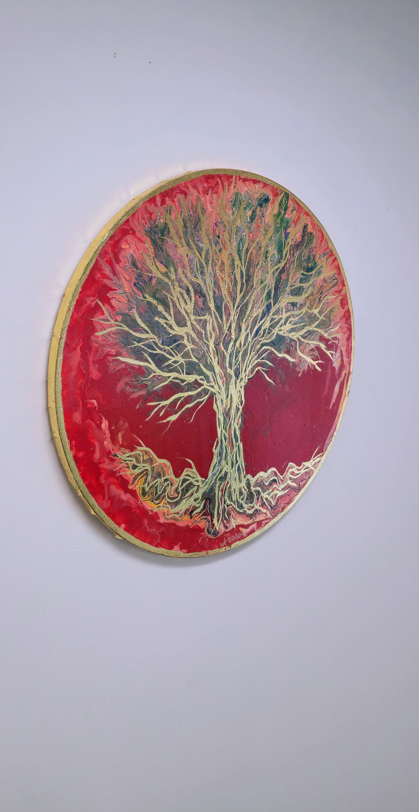 Drzewo Ognia i Złota – Owalny Obraz Mixed Media 50 cm