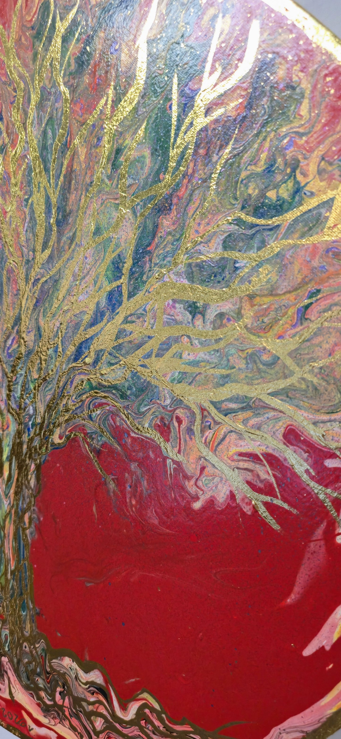 Drzewo Ognia i Złota – Owalny Obraz Mixed Media 50 cm