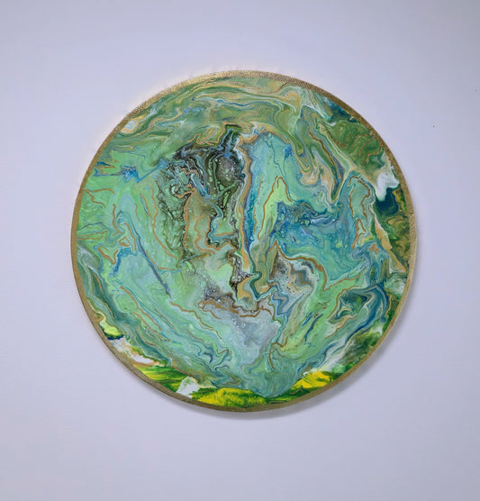Zielona Planeta II – Okrągły Obraz Abstrakcyjny Pouring Art 50 cm