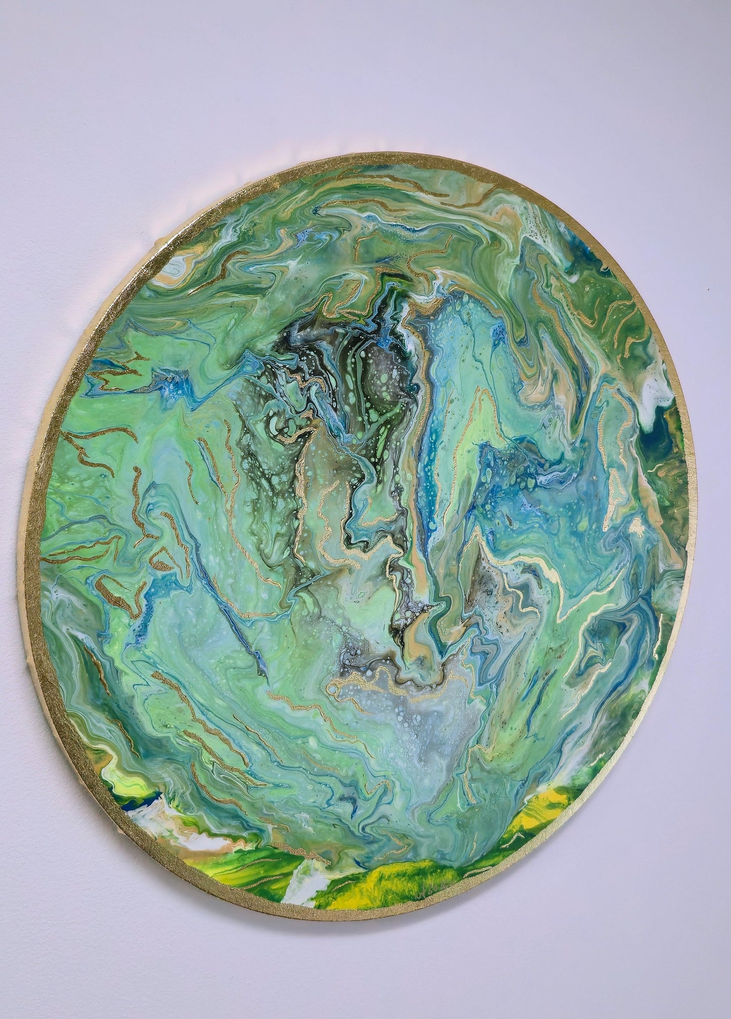 Zielona Planeta II – Okrągły Obraz Abstrakcyjny Pouring Art 50 cm