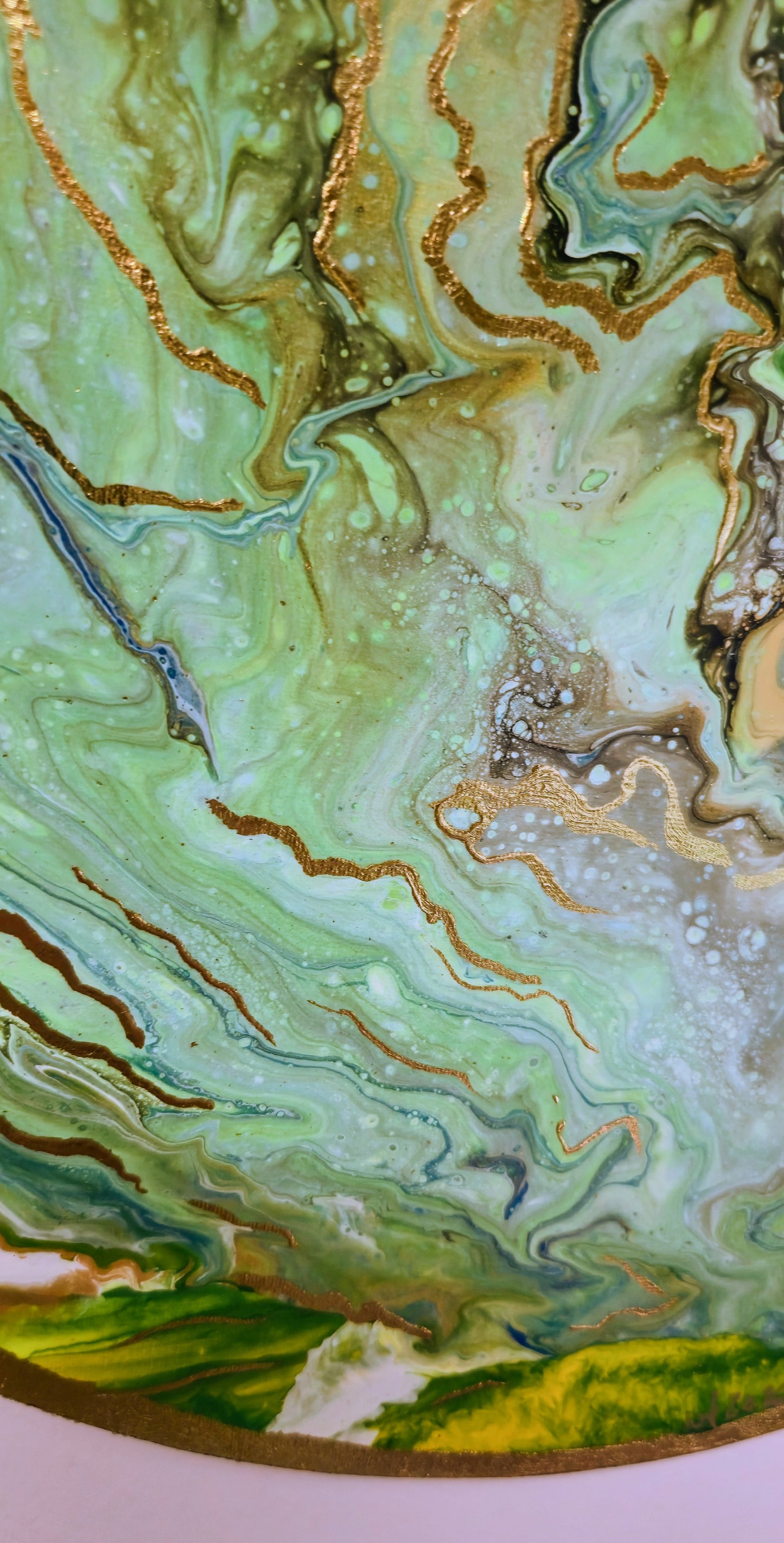Zielona Planeta II – Okrągły Obraz Abstrakcyjny Pouring Art 50 cm