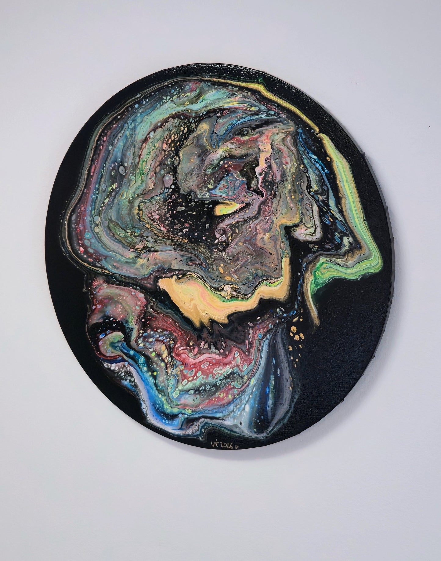 Strażnik Umysłu – Okrągły Obraz Abstrakcyjny Pouring Art 50 cm