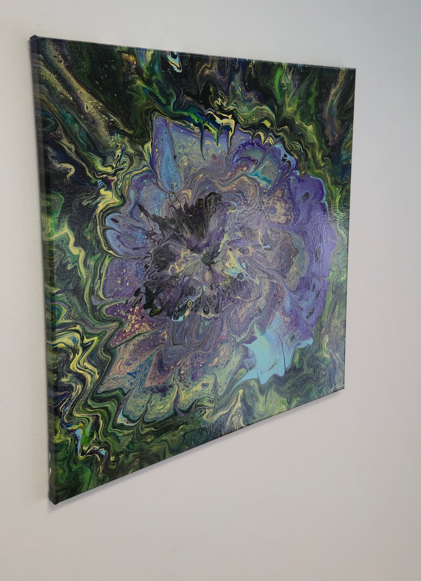 Fioletowy Sen Lasu – Obraz Abstrakcyjny Pouring Art (50x50 cm)