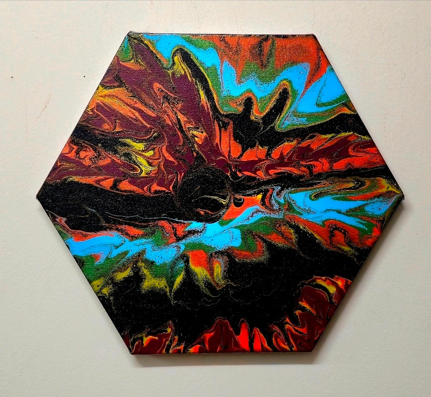 Neonowy Rozkwit na Czerni – Sześciokąt Pouring Art 20cm