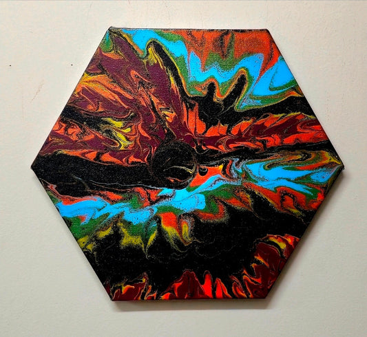 Neonowy Rozkwit na Czerni – Sześciokąt Pouring Art 20cm