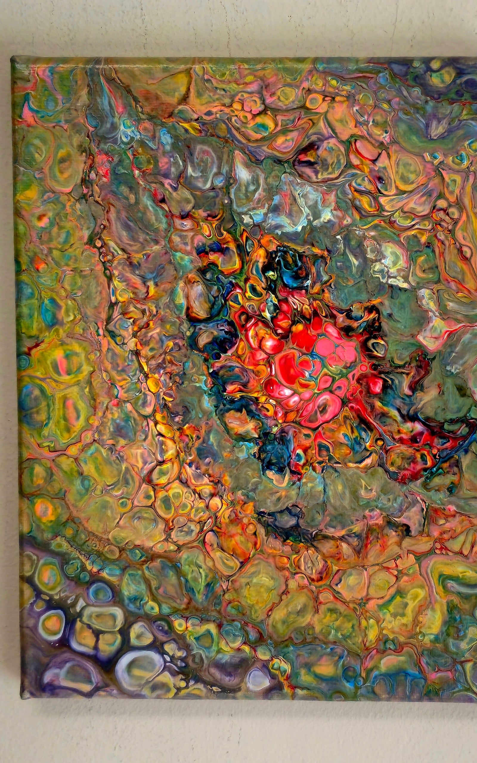 Obraz abstrakcyjny 18x24cm - Pouring Art Turkus Róż Żółć