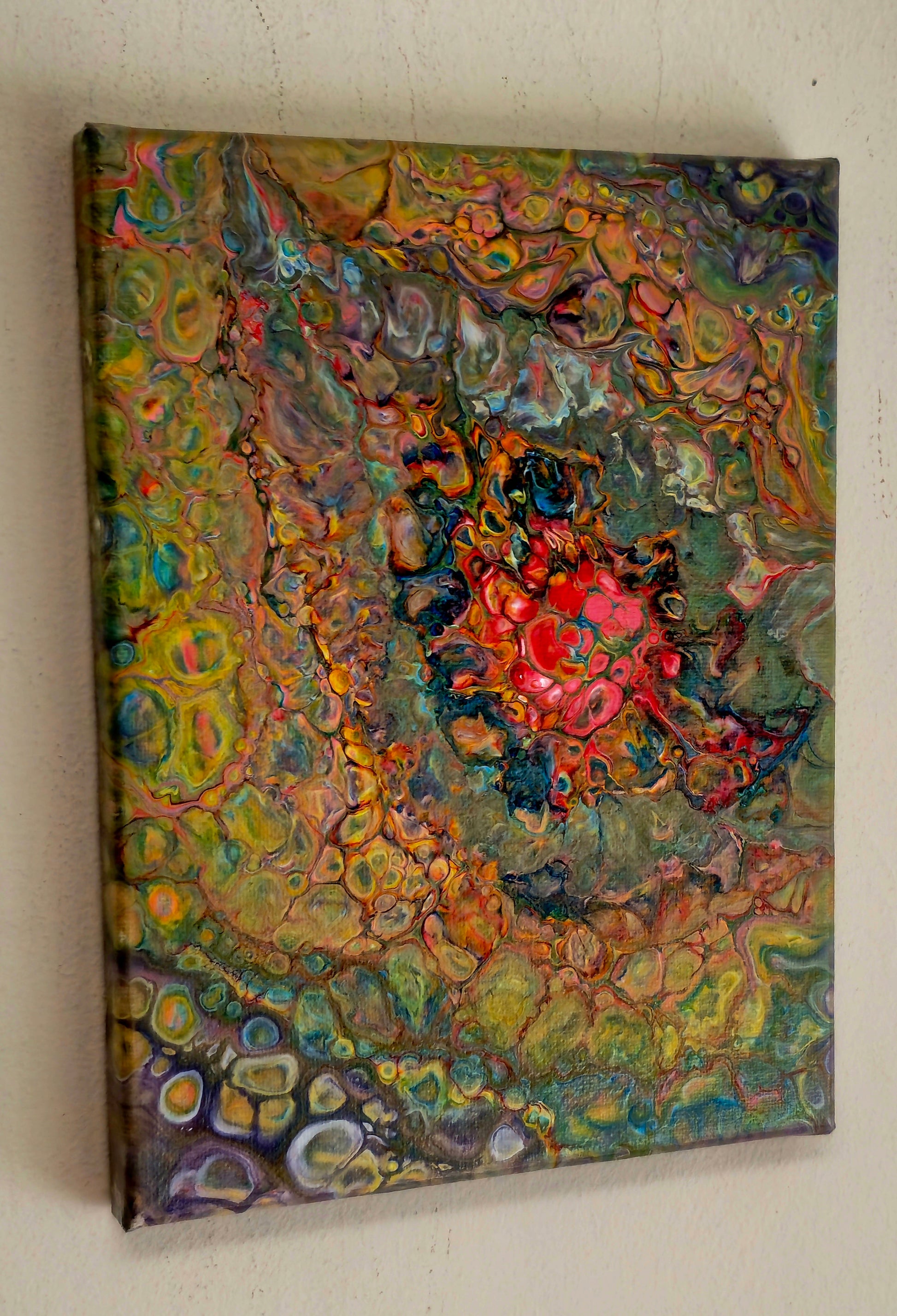 Obraz abstrakcyjny 18x24cm - Pouring Art Turkus Róż Żółć