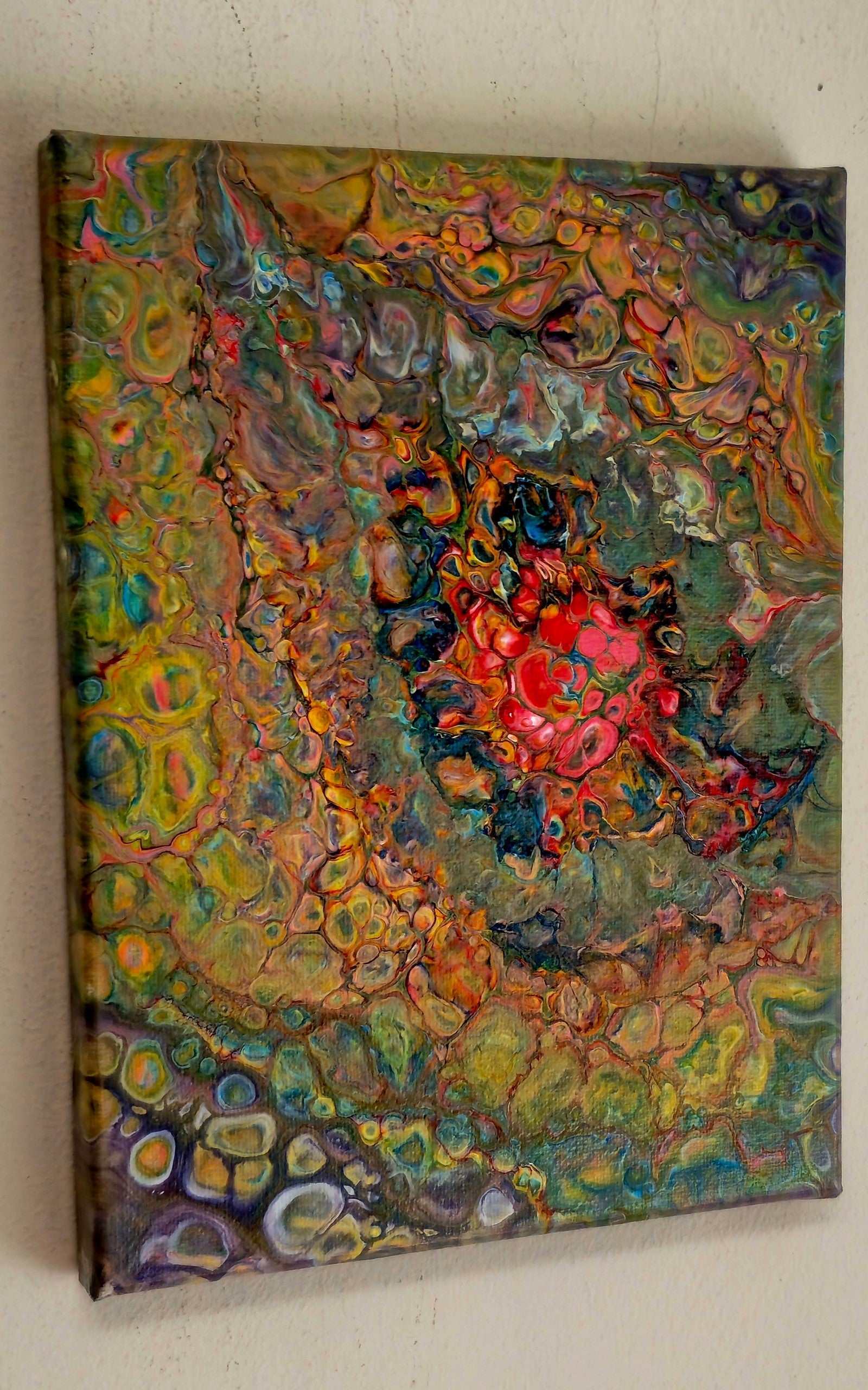 Obraz abstrakcyjny 18x24cm - Pouring Art Turkus Róż Żółć