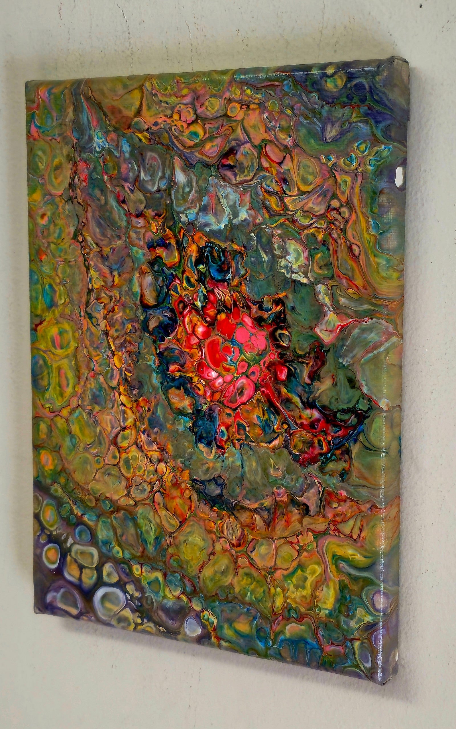 Obraz abstrakcyjny 18x24cm - Pouring Art Turkus Róż Żółć