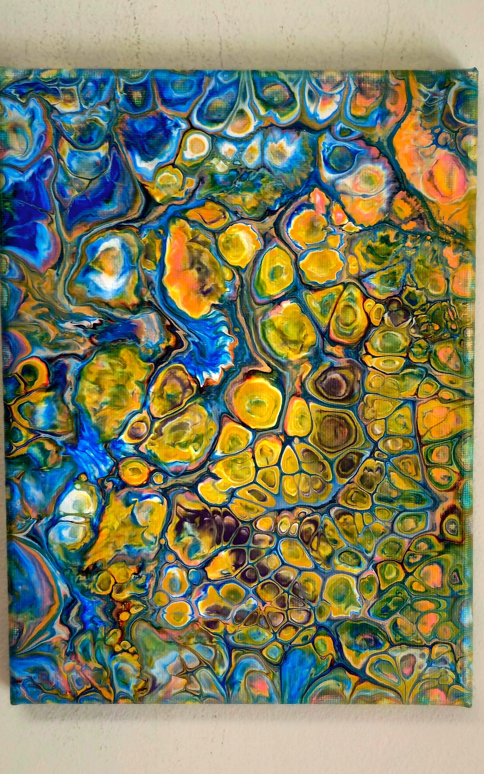 Obraz abstrakcyjny 18x24cm - Pouring Art Żółty Zielony Błękitny