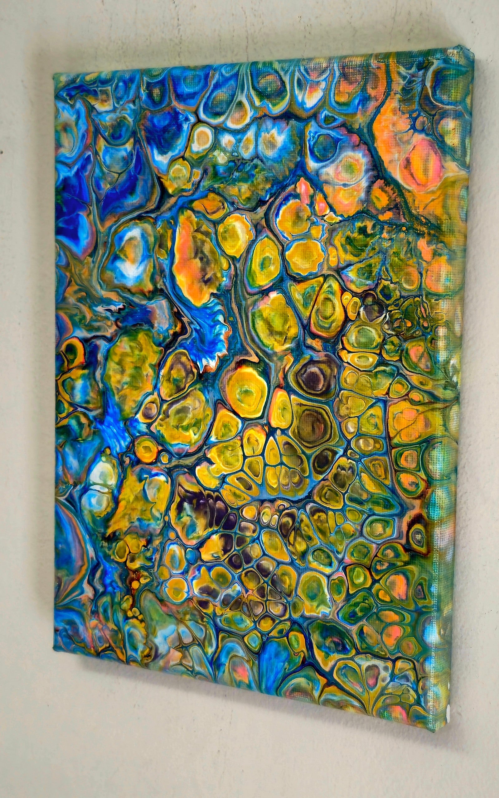 Obraz abstrakcyjny 18x24cm - Pouring Art Żółty Zielony Błękitny