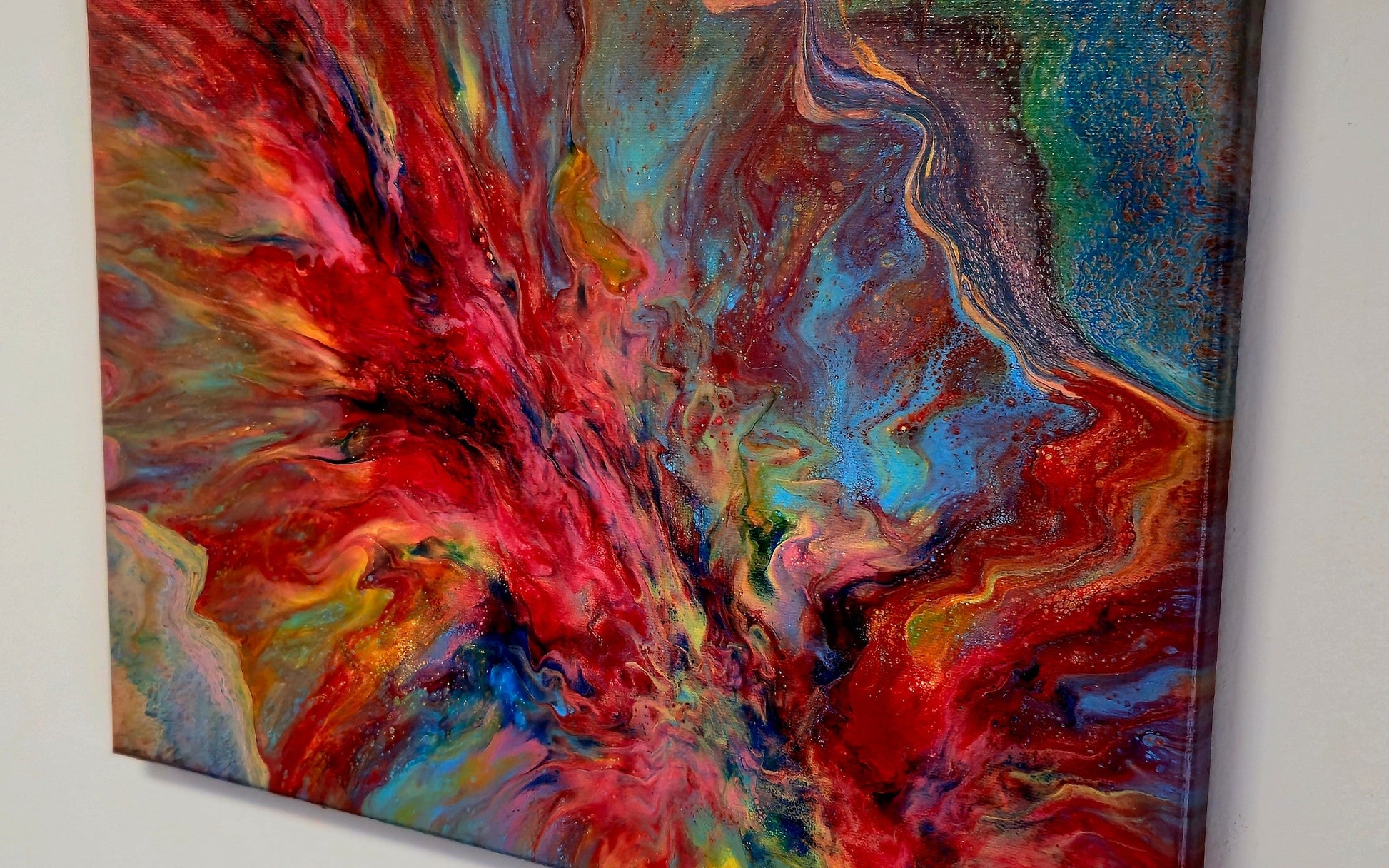 Obraz abstrakcyjny 30x40cm - Pouring Art Czerwień Błękit Żółć