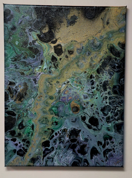 Obraz abstrakcyjny 30x40cm - Pouring Art Zieleń i Złoto