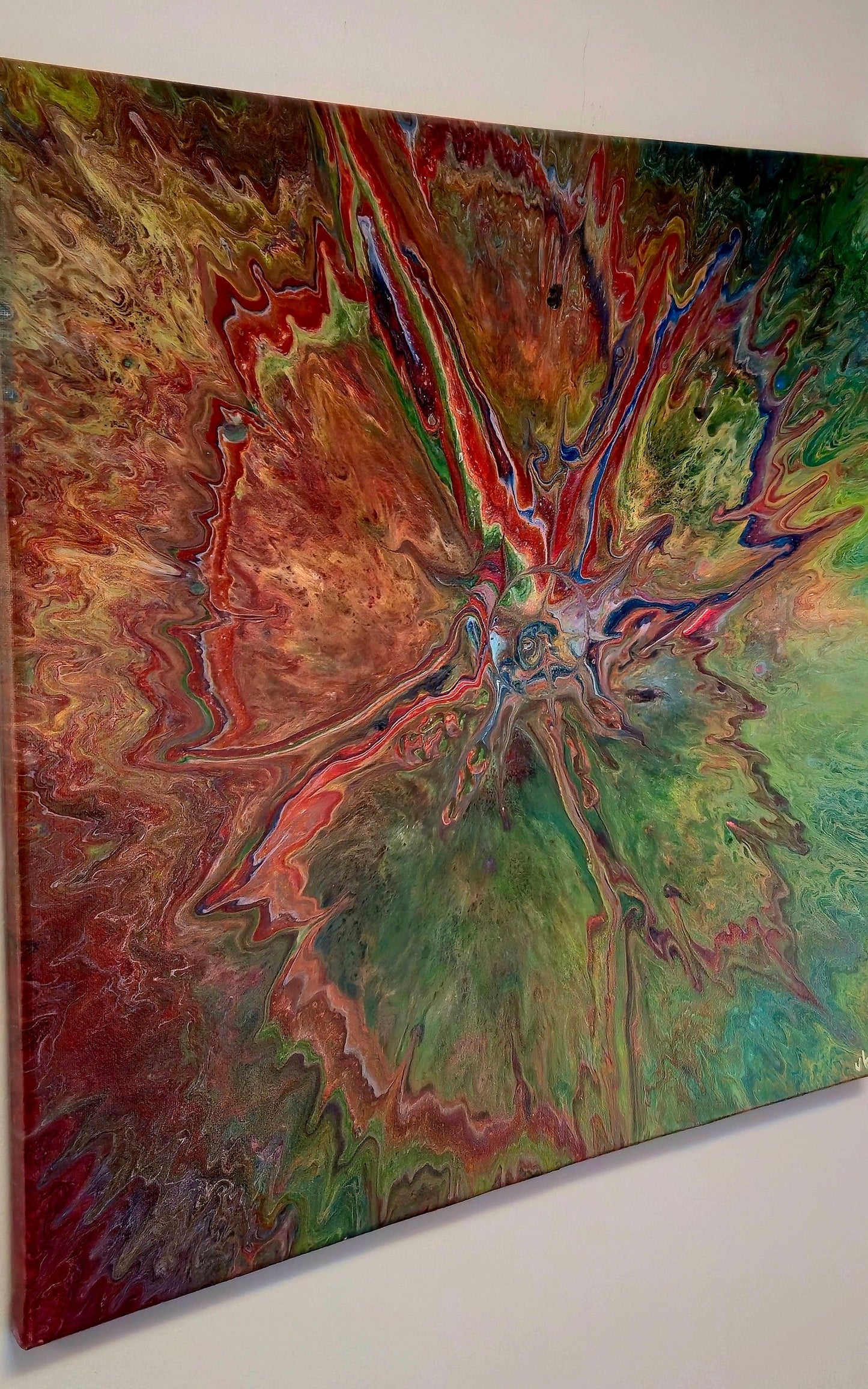Obraz abstrakcyjny 50x50cm - Czerwień Zieleń Pouring Art