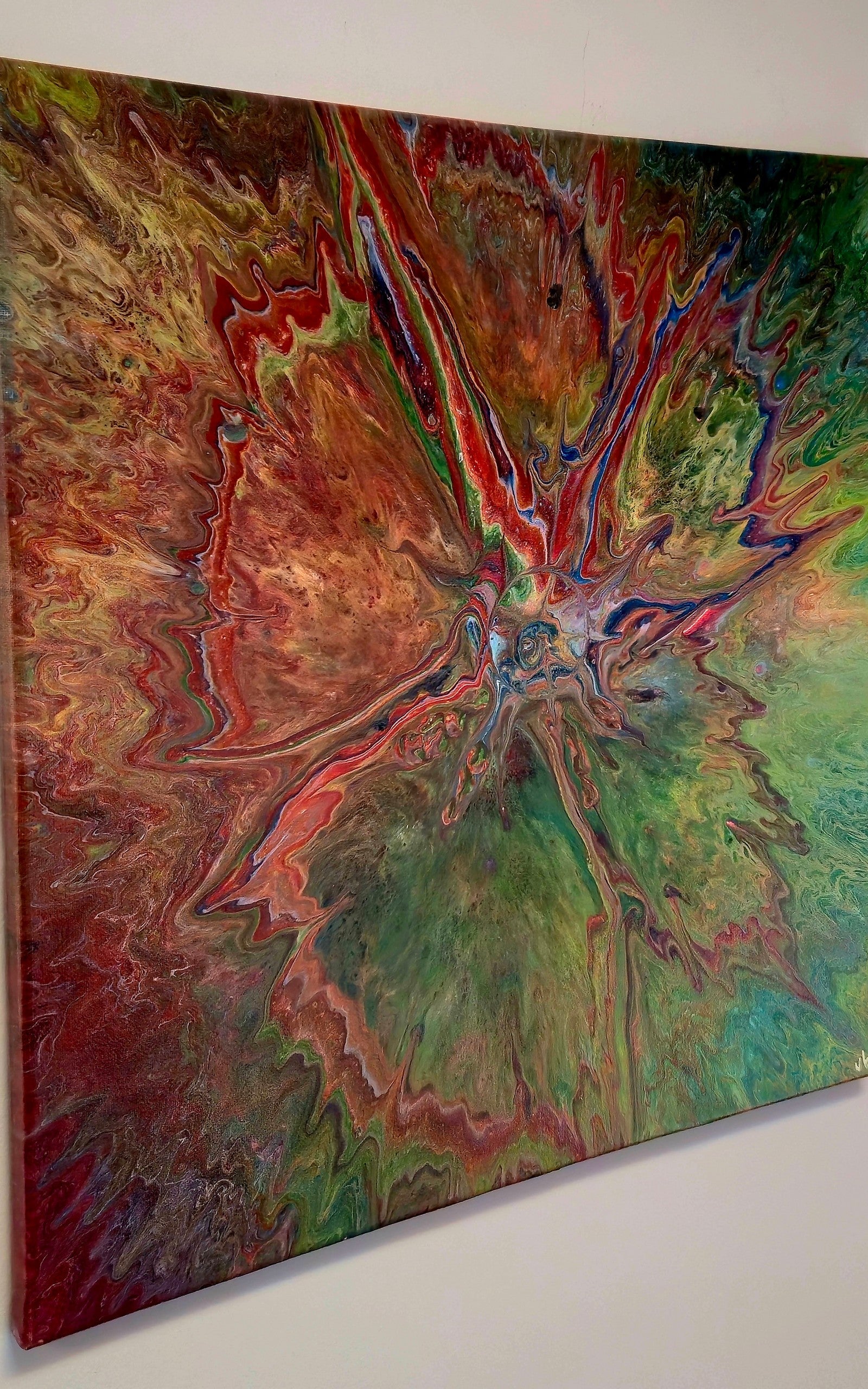 Obraz abstrakcyjny 50x50cm - Czerwień Zieleń Pouring Art