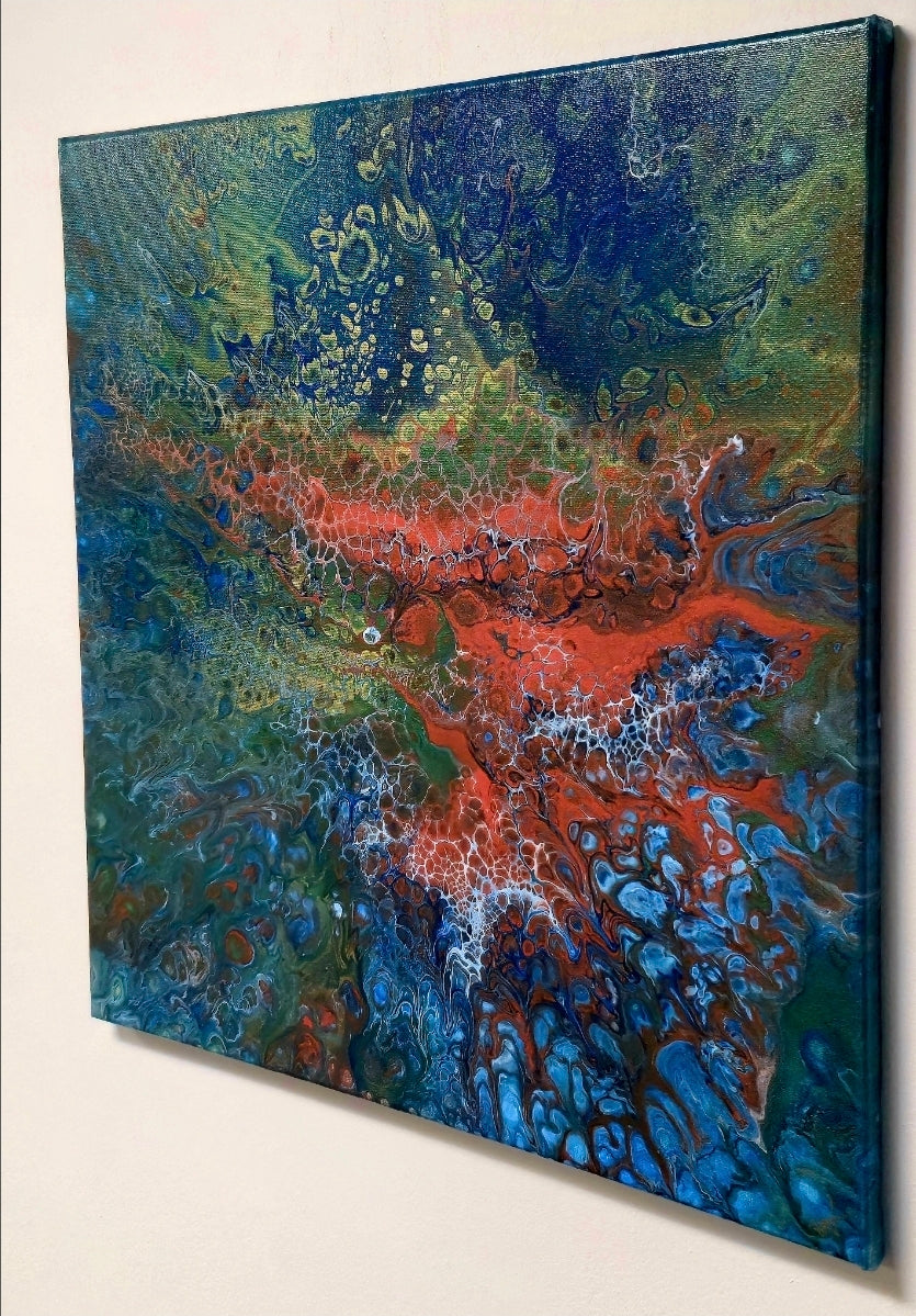 Obraz abstrakcyjny 50x50cm - Pouring Art Błękit i Czerwień