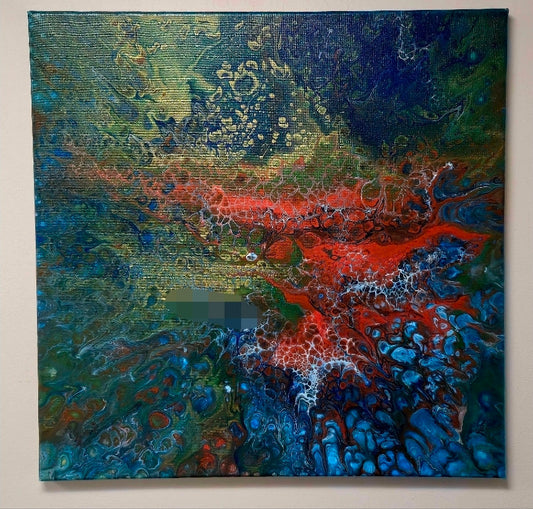 Obraz abstrakcyjny 50x50cm - Pouring Art Błękit i Czerwień
