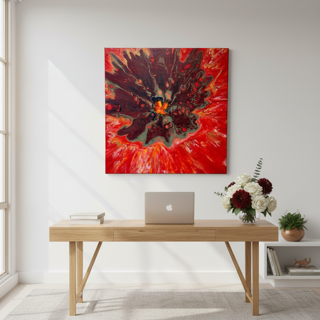 Ognisty Wybuch – Obraz Abstrakcyjny 50x50cm Pouring Art Czerwień Brąz