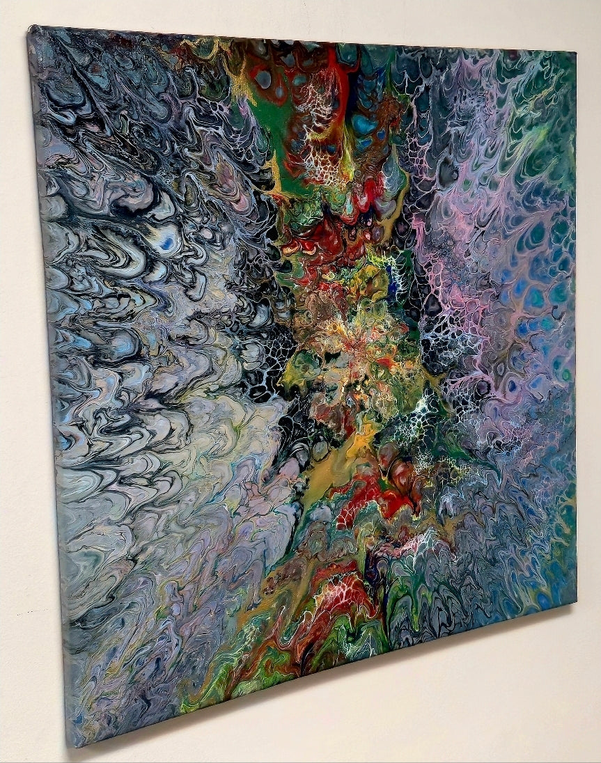 Obraz abstrakcyjny 50x50cm - Pouring Art Turkus i Złoto