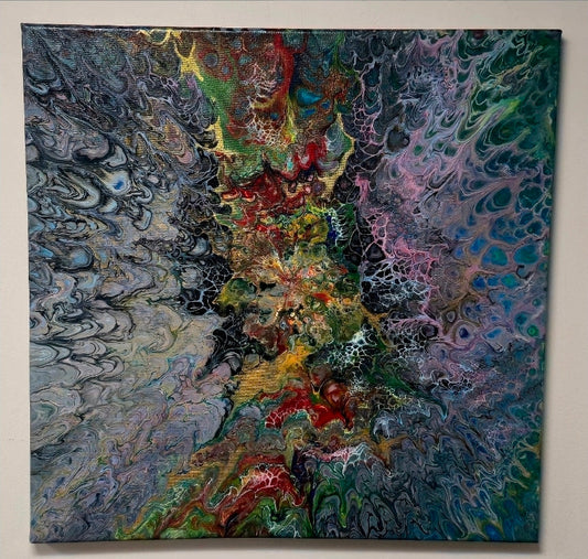 Obraz abstrakcyjny 50x50cm - Pouring Art Turkus i Złoto