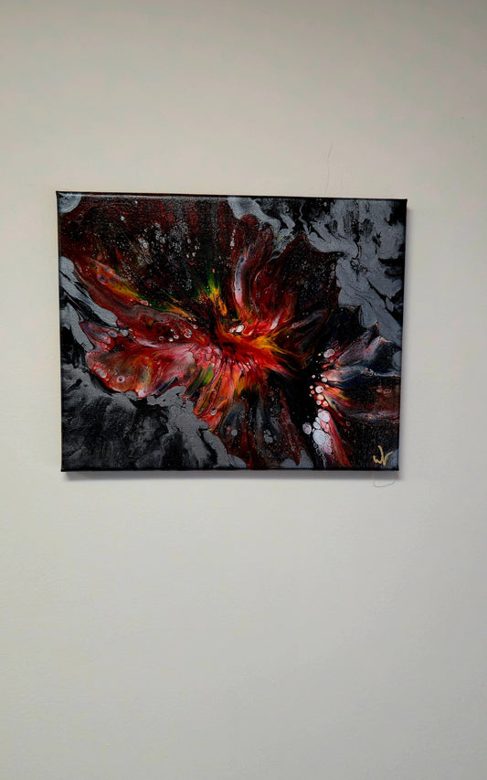 Obraz abstrakcyjny o wymiarach 24x30cm wykonany techniką Pouring Art w tonacji czerwieni i czerni. - Bez ram