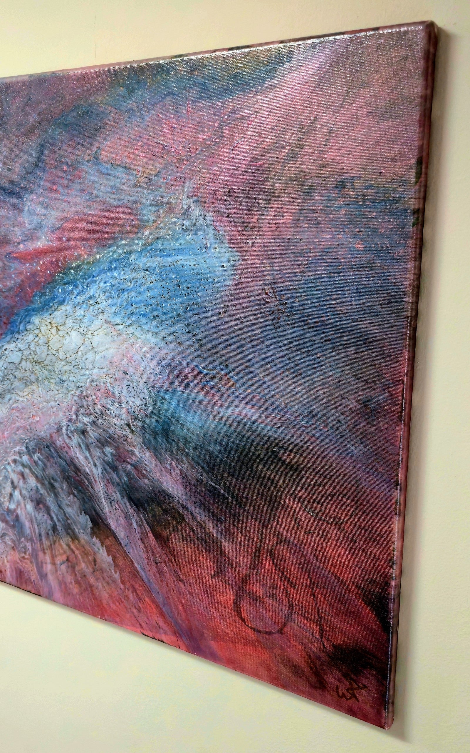 Obraz abstrakcyjny o wymiarach 50x70cm wykonany techniką Pouring Art w tonacji błękitu i złota. - Oryginalny