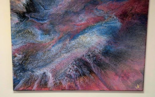 Obraz abstrakcyjny o wymiarach 50x70cm wykonany techniką Pouring Art w tonacji błękitu i złota. - Oryginalny