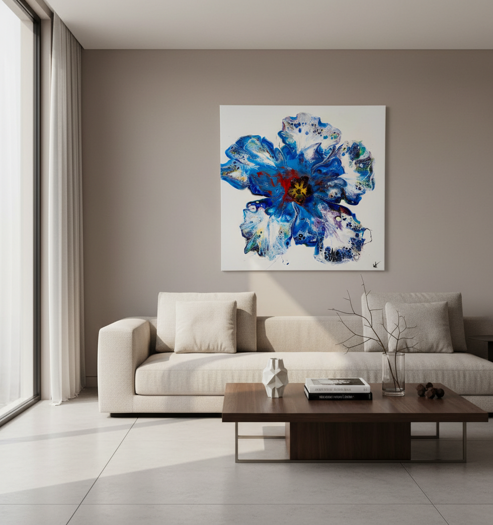 Heavenly Flower - Abstract Painting 50x50cm Blue and Gold