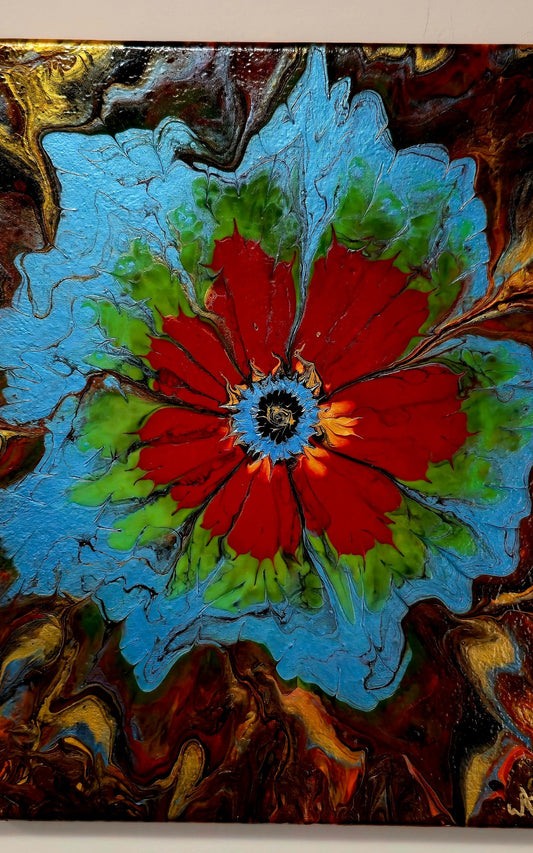 Obraz ’Kwiat’ 30x40cm - Abstrakcja w odcieniach czerwieni zieleni i błękitu.