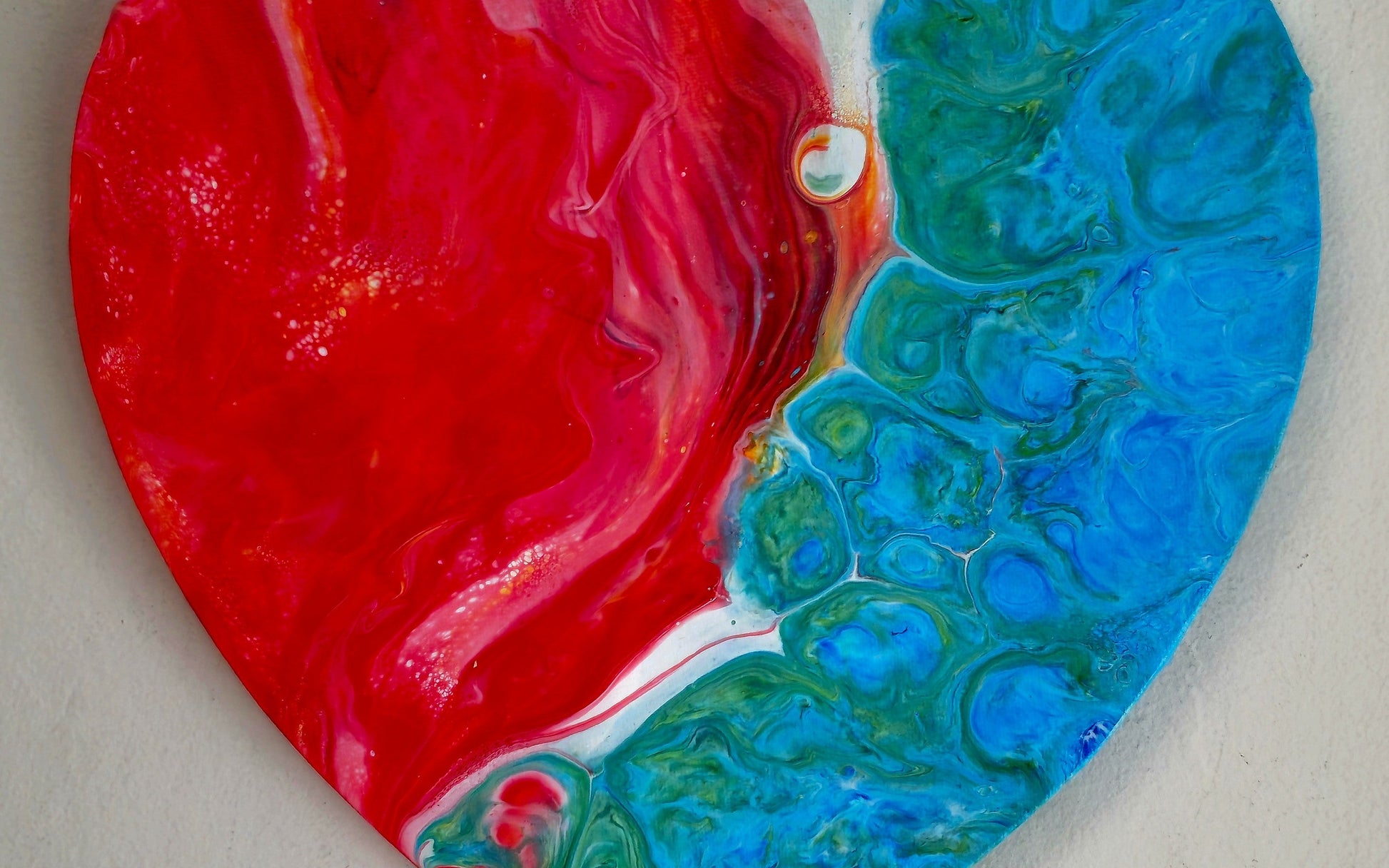 Obraz Serce 27cm - Czerwień Błękit Zieleń Pouring Art