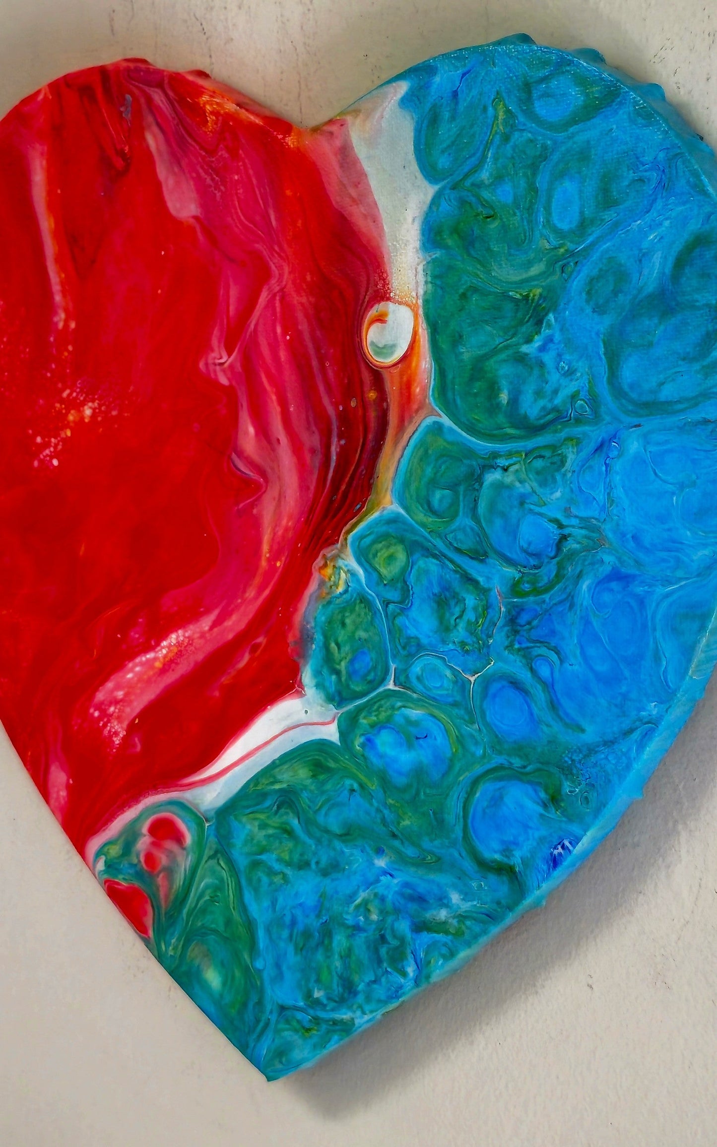 Obraz Serce 27cm - Czerwień Błękit Zieleń Pouring Art