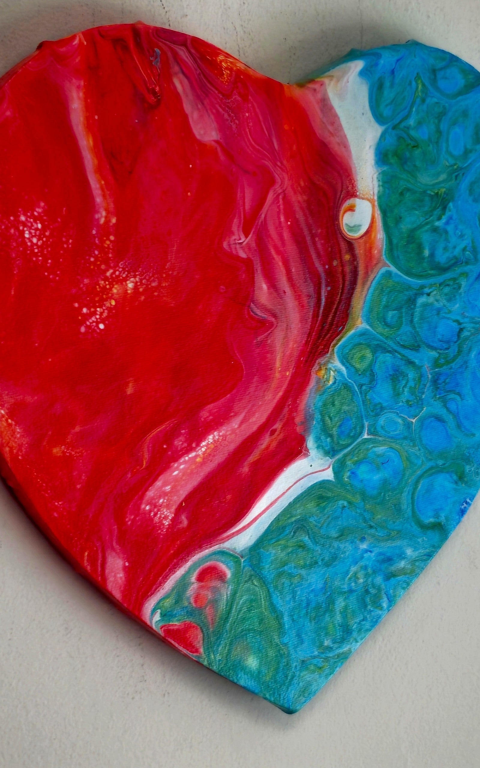 Obraz Serce 27cm - Czerwień Błękit Zieleń Pouring Art