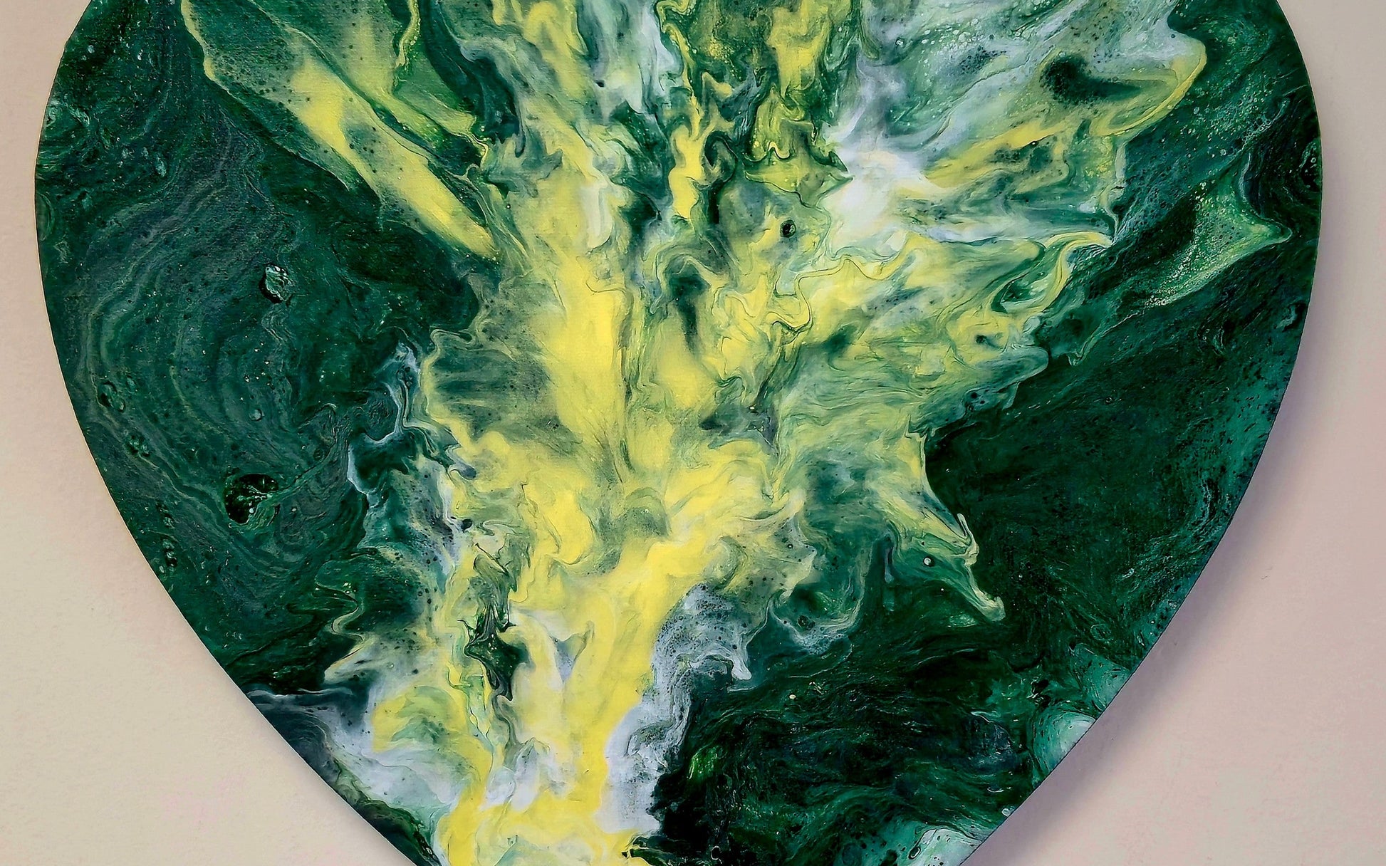 Obraz Serce 27cm - Zieleń Żółć Biel Pouring Art