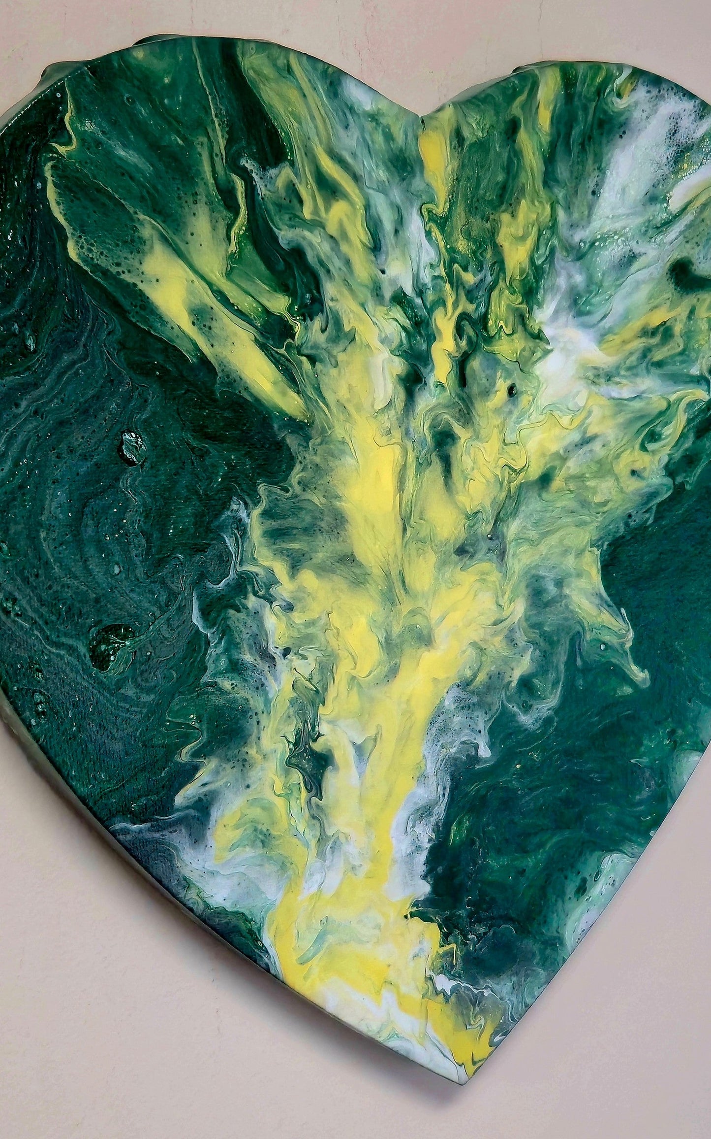 Obraz Serce 27cm - Zieleń Żółć Biel Pouring Art