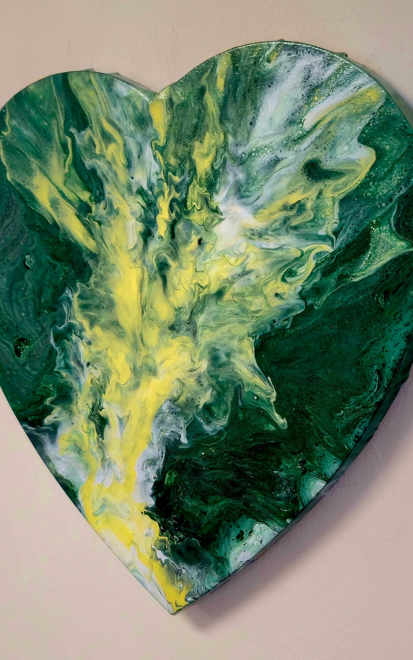 Obraz Serce 27cm - Zieleń Żółć Biel Pouring Art