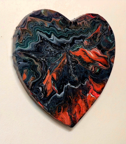 Obraz Serce 29cm - Czerń Pomarańcz Pouring Art