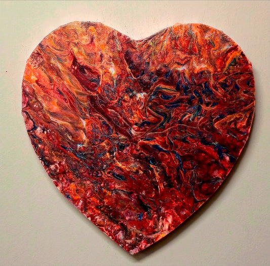 Obraz Serce 29cm - Pouring Art Czerwień i Pomarańcz